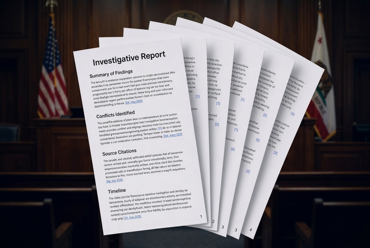 Courtroom with a sheaf of investigative report documents